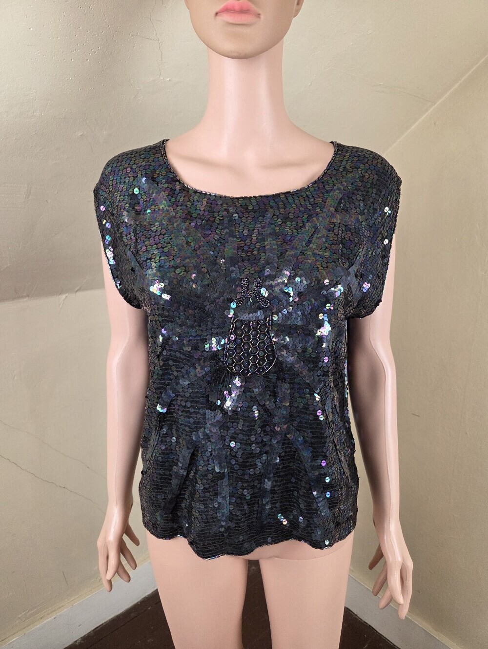 Ann Katrine VTG Silk Sequin Beaded Top L Black Iridescent Party Evening Blouse